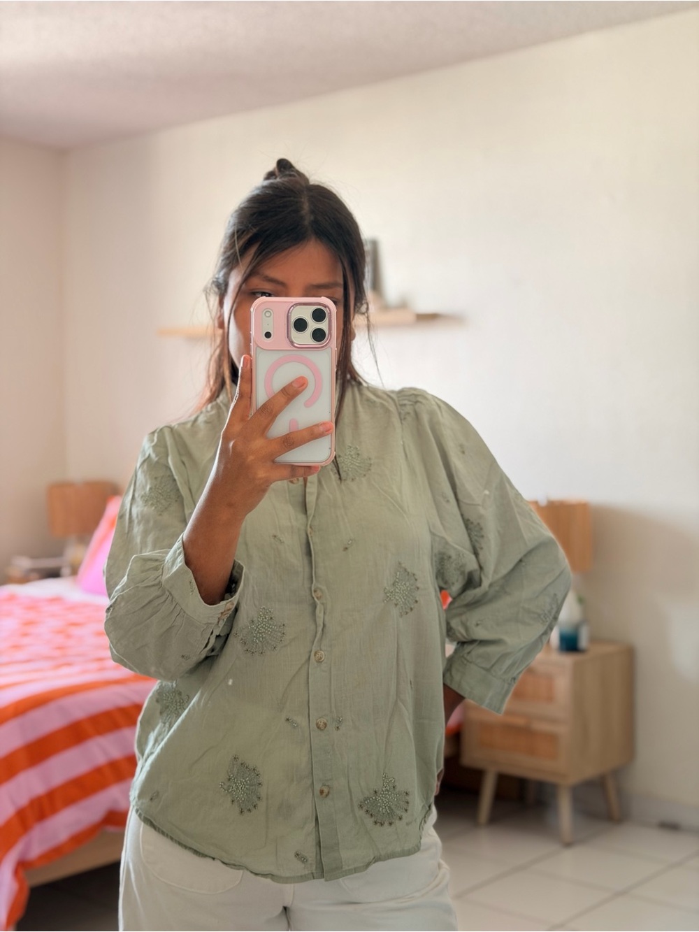 Anthropologie Sage Green Embroidered Button-Up Top